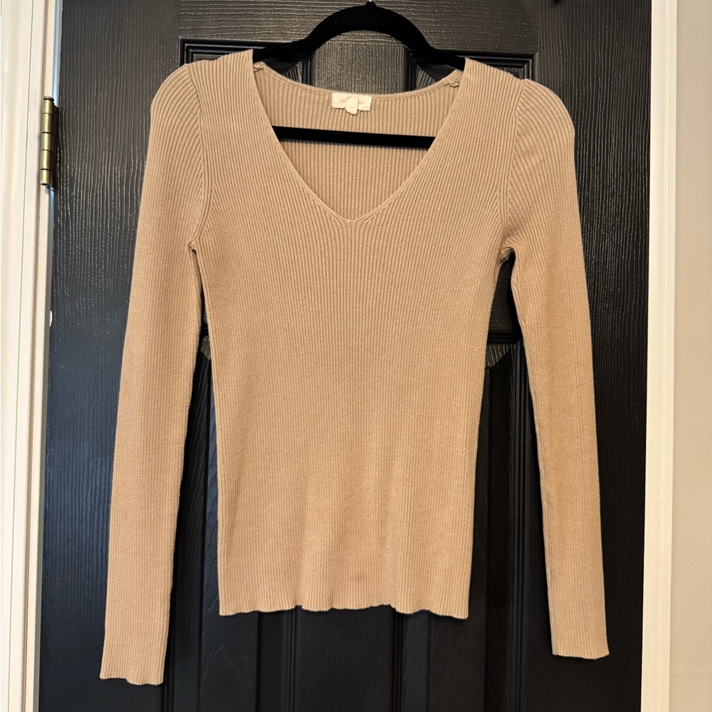 STRETCHY Taupe Ribbed v-neck sweater